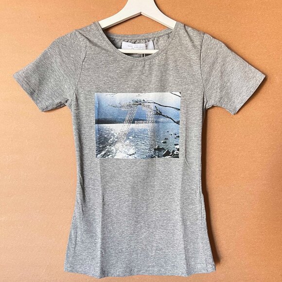 ZARA Collection BNWT Grey Silkscreened Tee with crystal embelishments Size Small - Picture 1 of 6